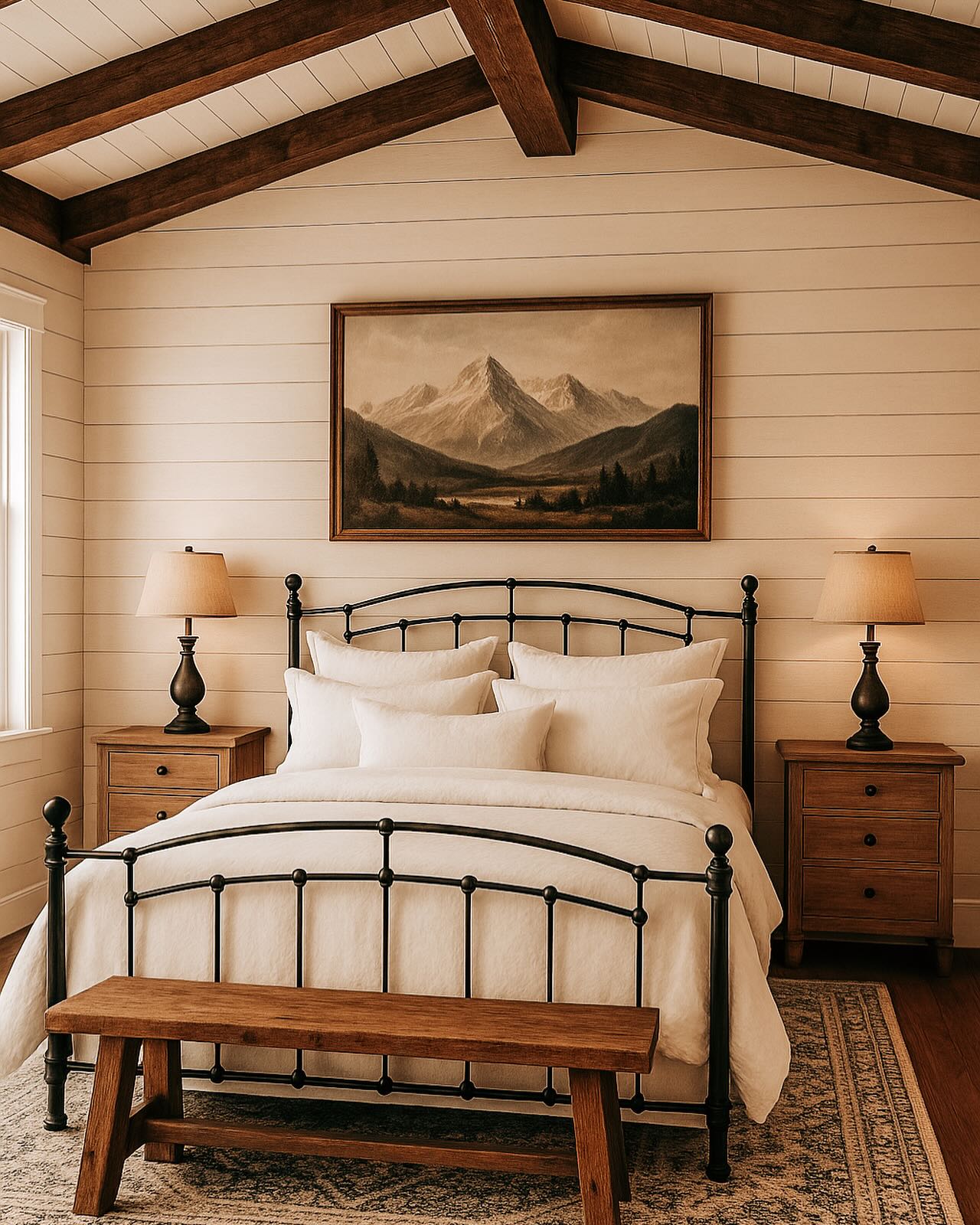 30. a Patchwork Quilt and Vintage Lanterns Over a Weathered Wood Bed Frame