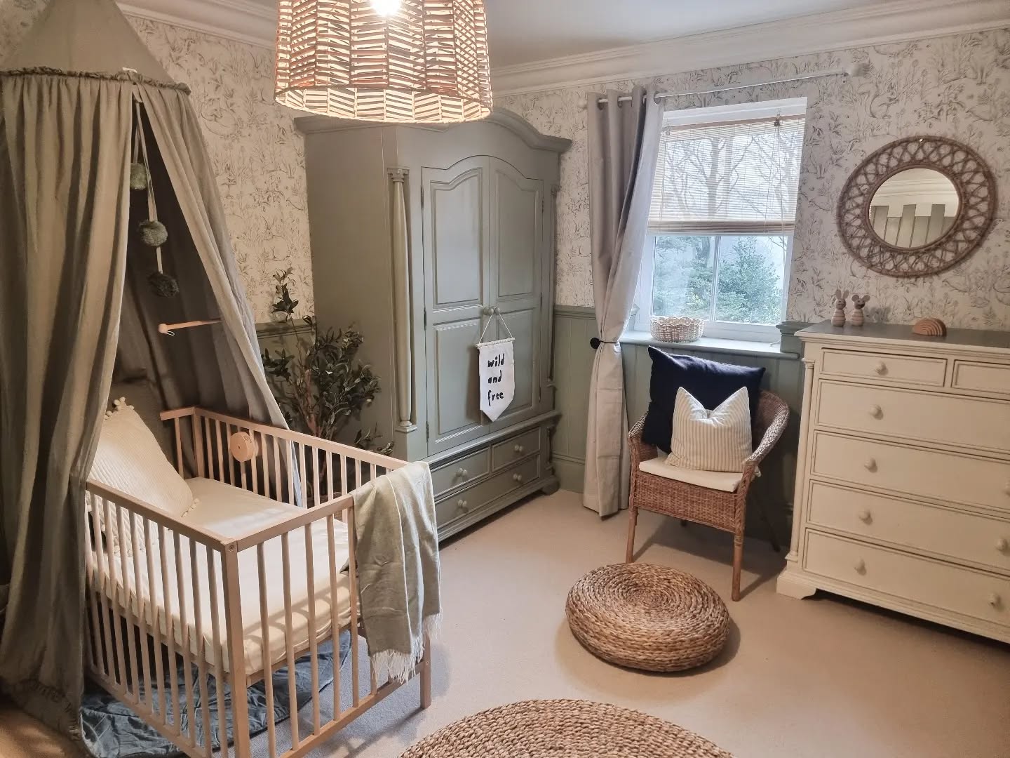 36. Sage Green Crib with Starry Night Mobile and Whimsical Woodland Wall Art