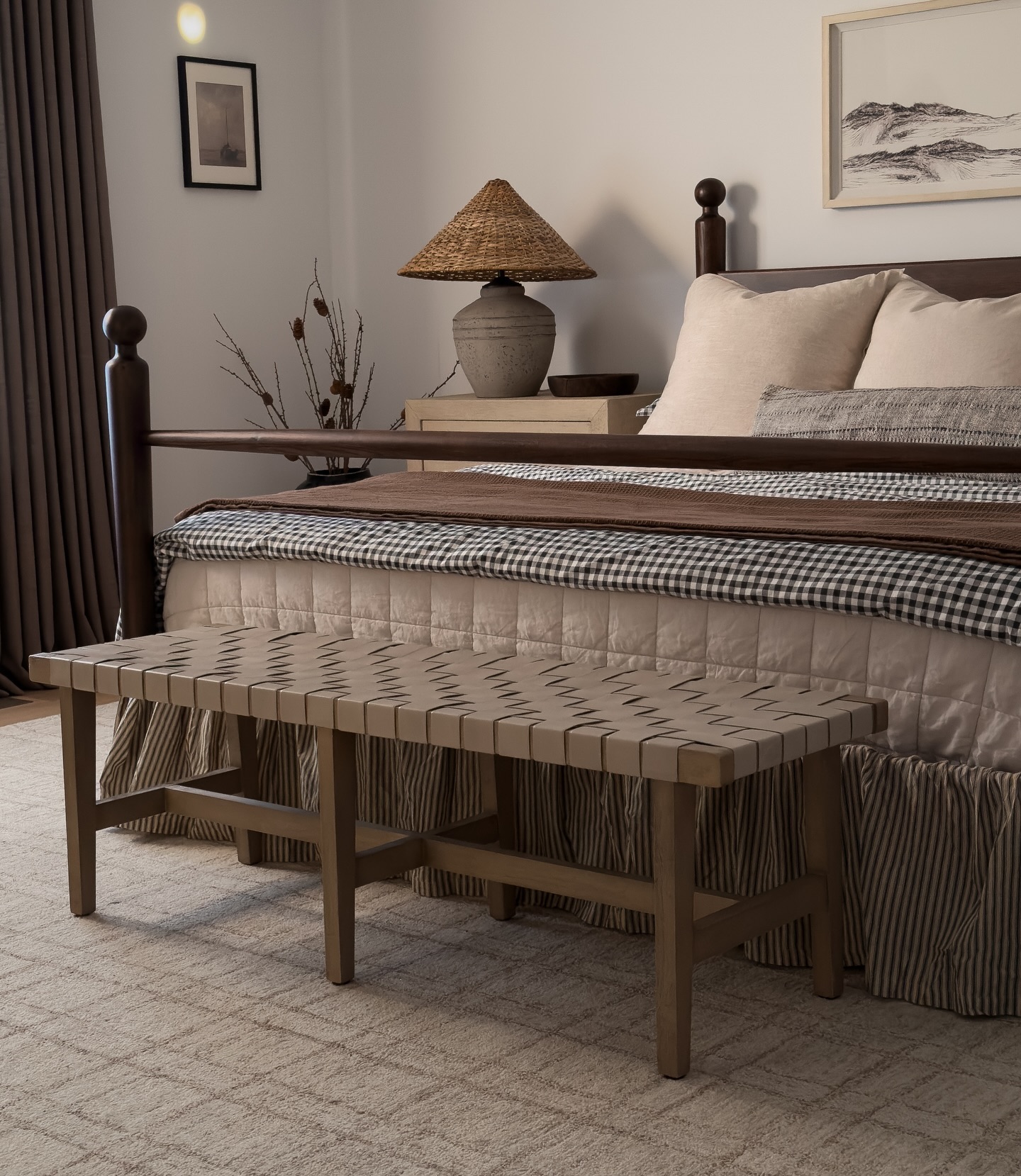 27. Soft Taupe Walls with a Vintage Brass Bed Frame and Geometric Quilt