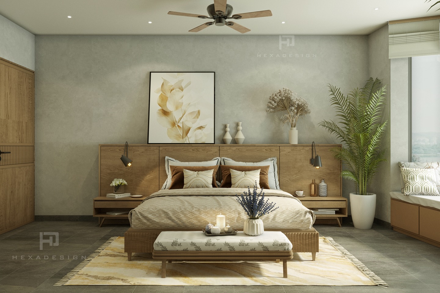 7. the Mossy Canopy Bed with Geometric Accent Wall