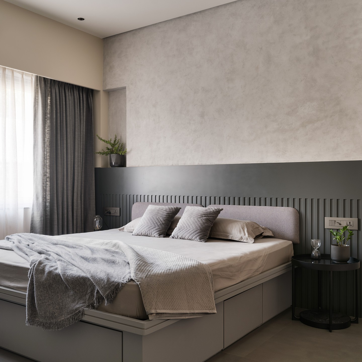 22. Moonlit Serenity: the Soft Glow Of a Crescent Moon Lamp Over a Velvet Grey Bed