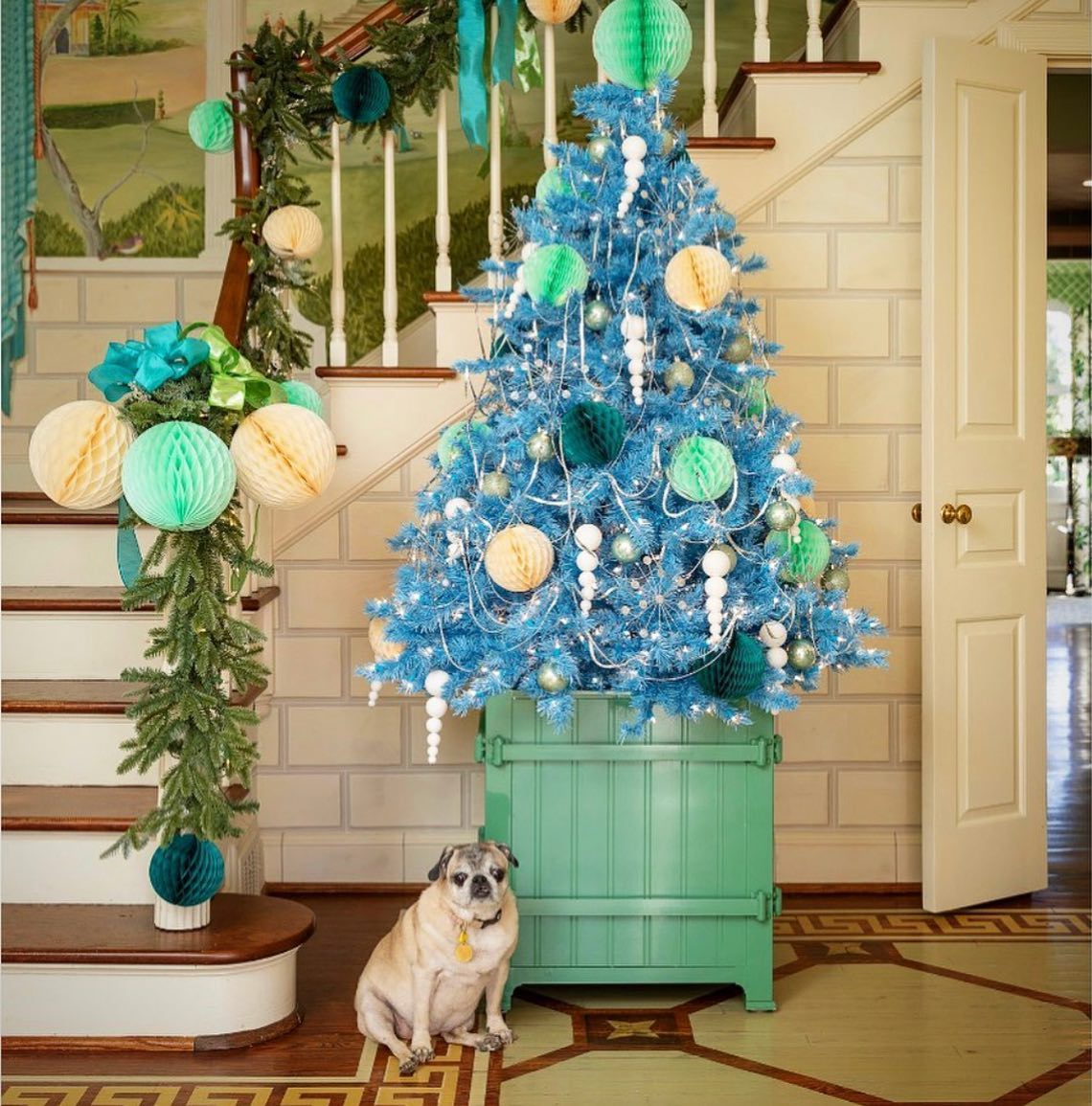 12. Midnight Sapphire Bauble Cascade on Frosted Evergreen