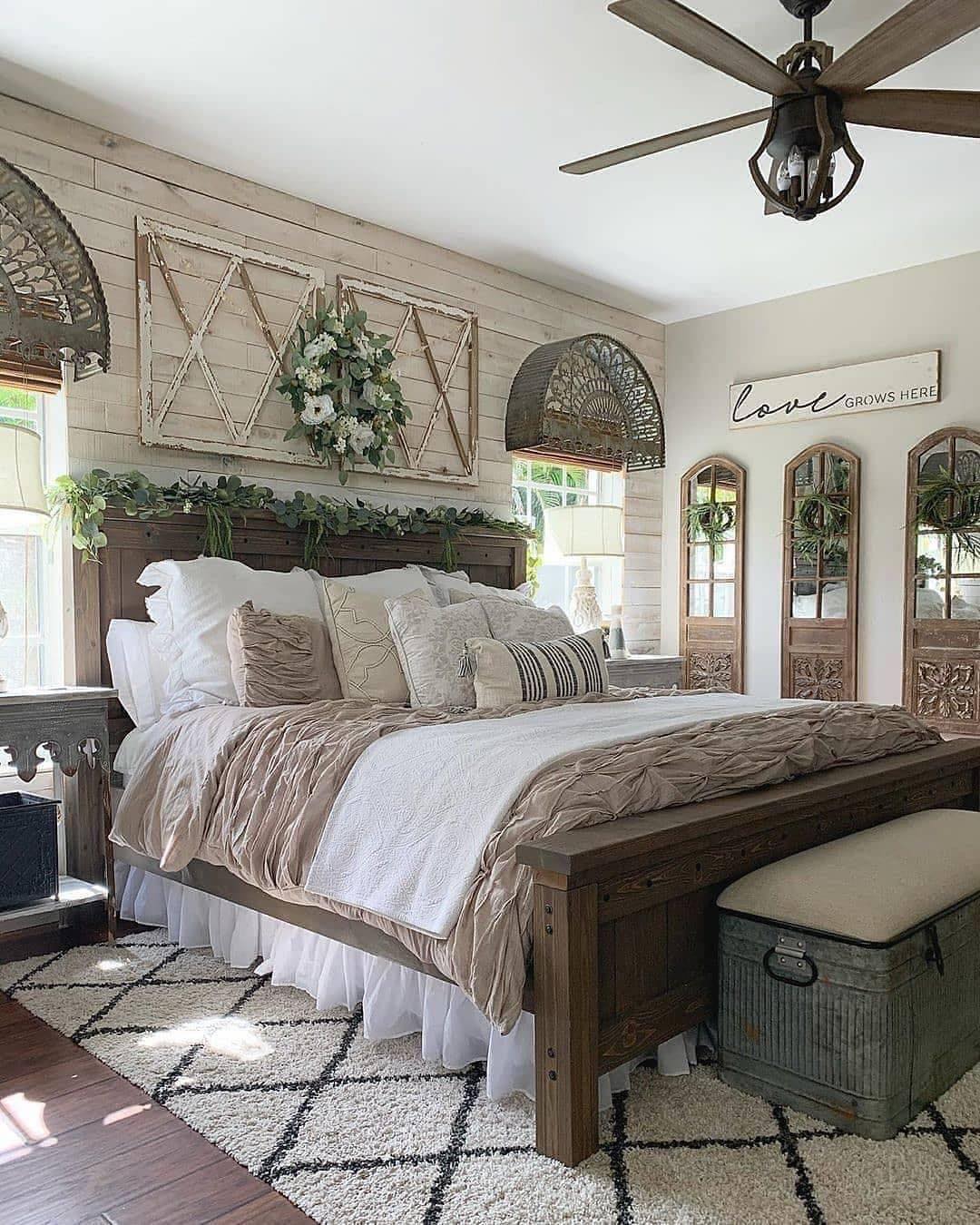 6. the Weathered Barn Door Headboard and Burlap Curtain Haven