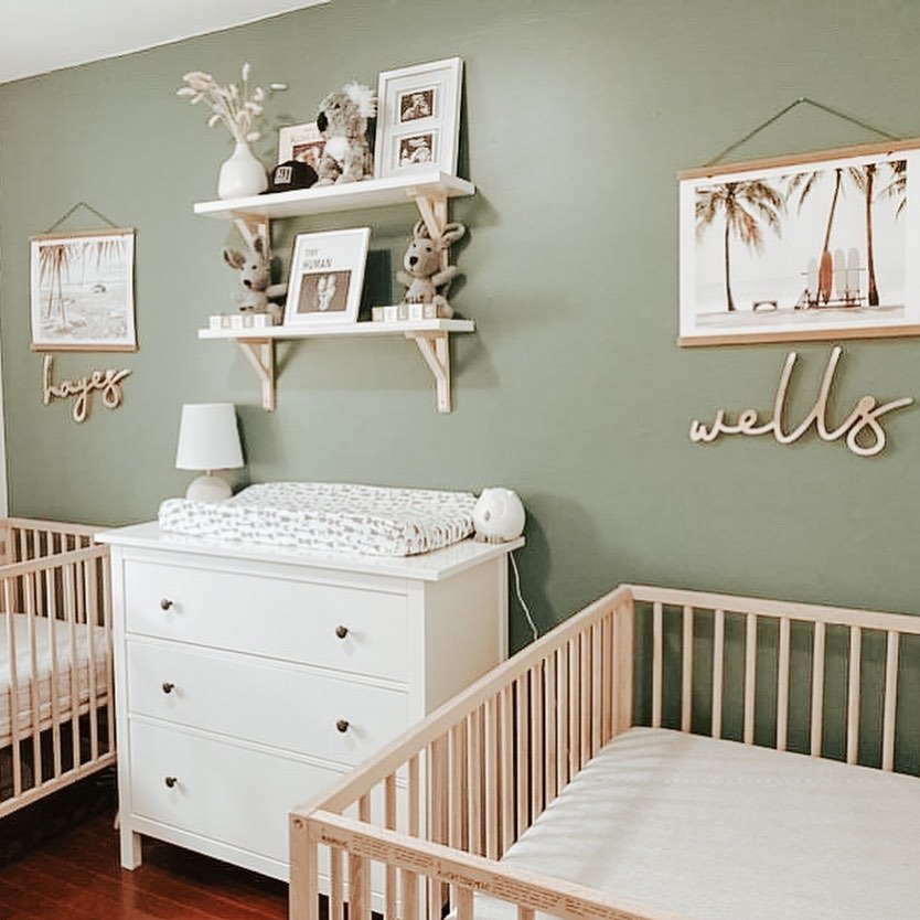 30. Sage Green Crib with Whimsical Cloud Mobile In Cozy Corner Nook
