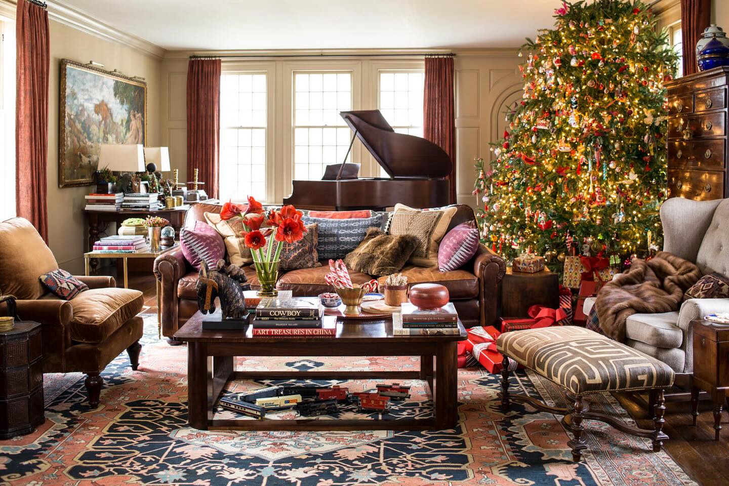 4. Frosted Pinecones and Metallic Ribbons Entwined on a Glass Coffee Table