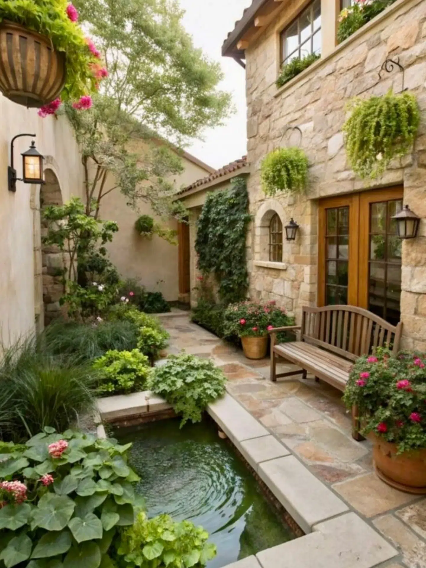 19. Sunlit Serenity: a Petite Flagstone Patio with Climbing Ivy and Whimsical Lanterns