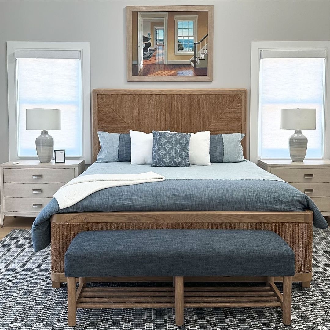 42. Coastal Retreat with a Nautical Twist: Wicker Basket Pendant and Sailboat Blue Accents