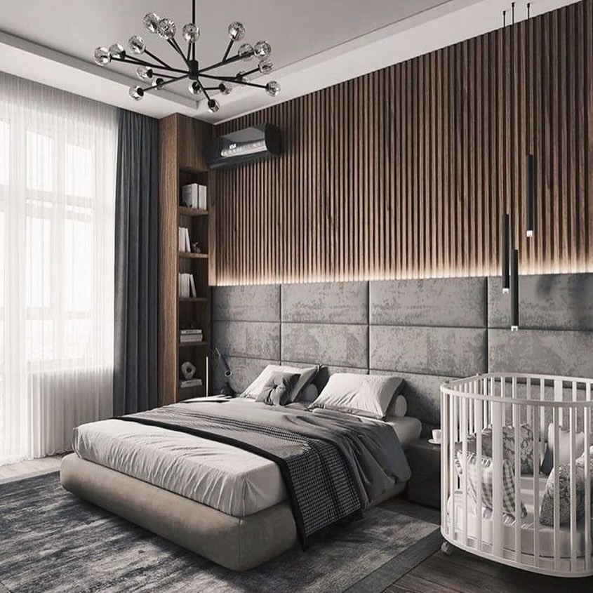13. Moonlit Serenity: a Grey Bedroom with Silver Accents and Geometric Wall Art