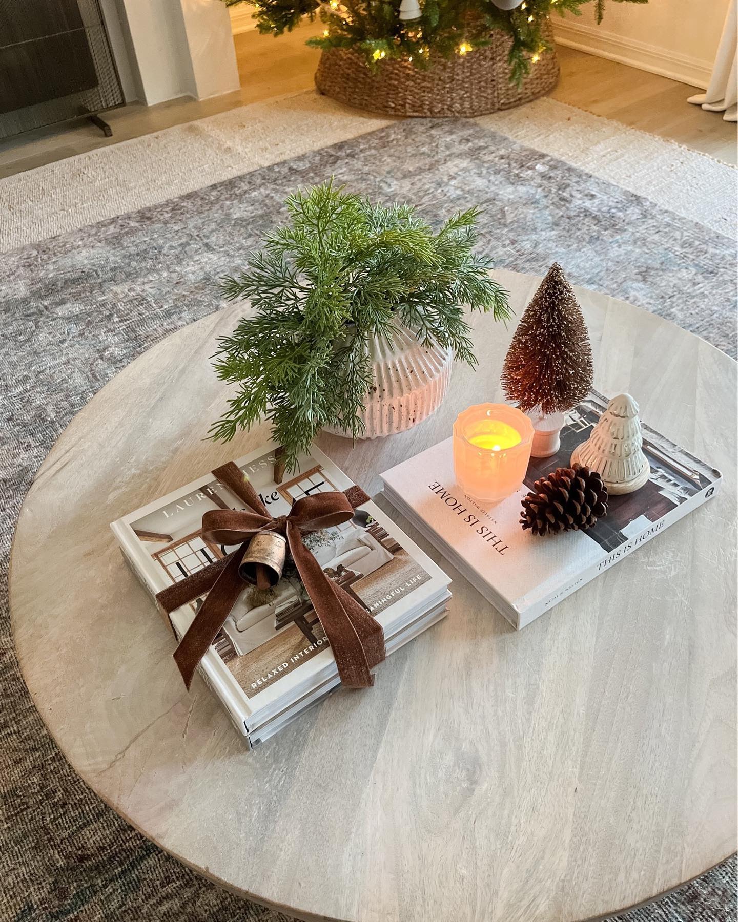 2. Festive Reindeer and Pinecones on a Rustic Wooden Tray with Glowing Fairy Lights