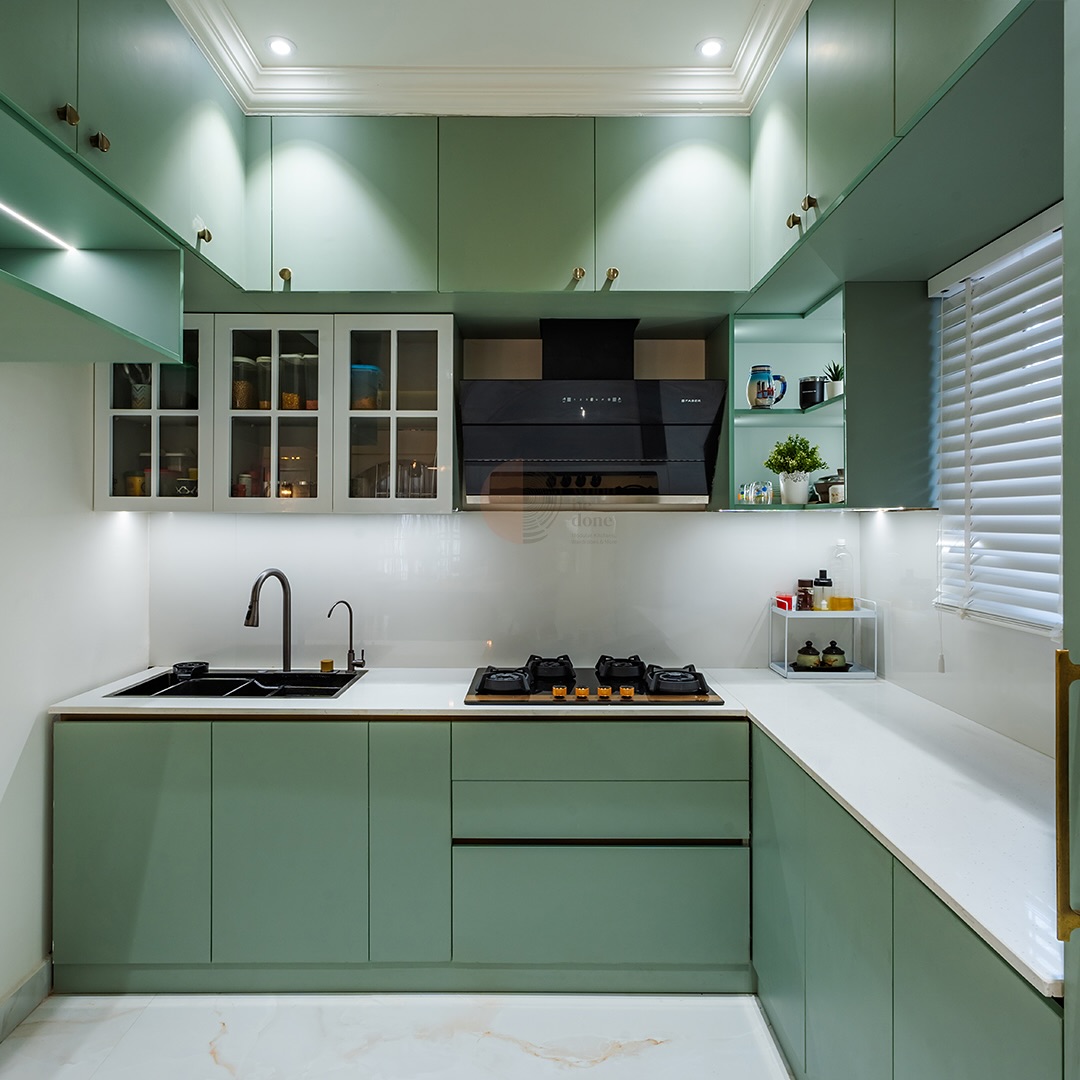 23. Verdant Geometry: Triangular Shelves and Mosaic Backsplash In a Lime Green Kitchen