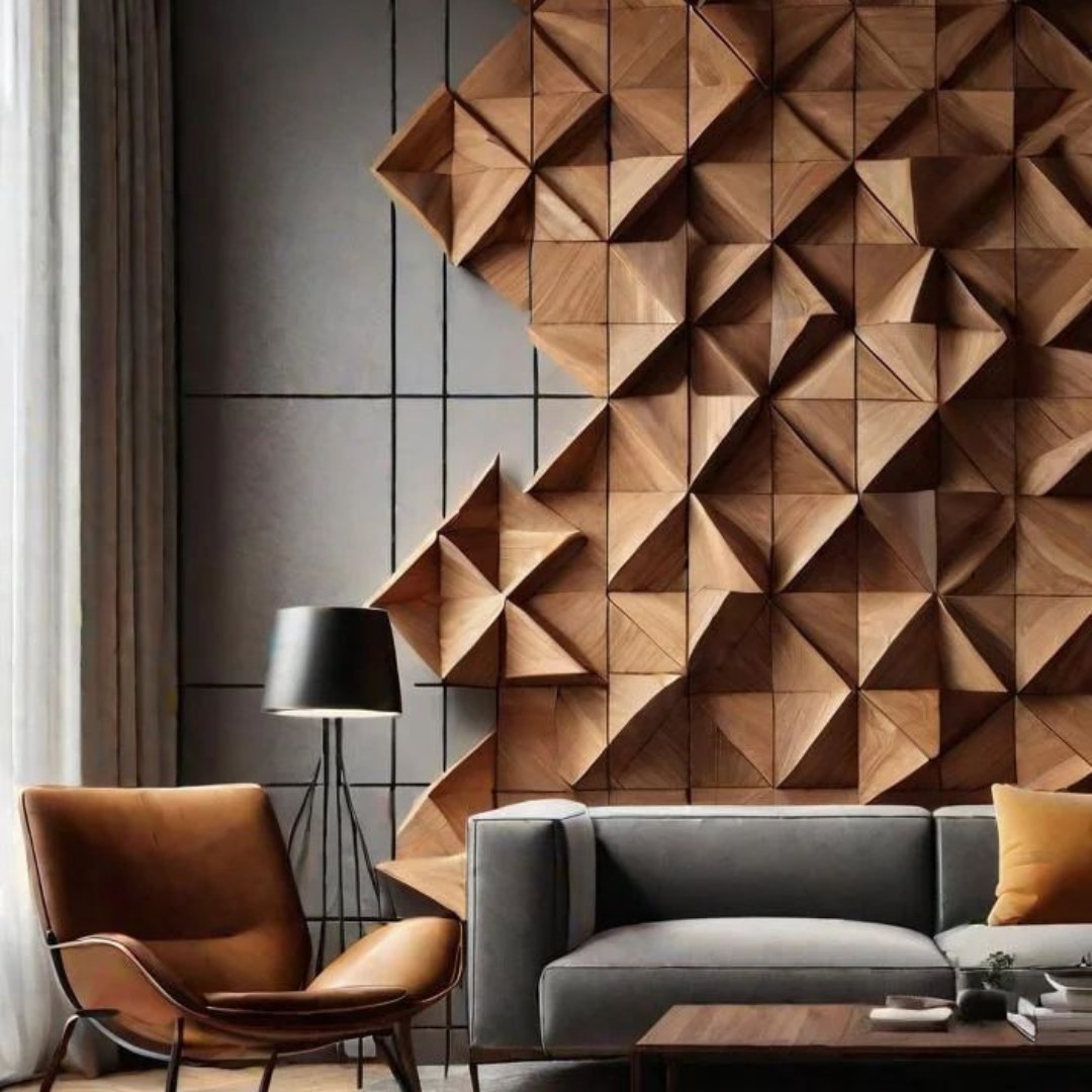 1. Cobalt Blue Chevron Accent Wall with Floating Shelves and Monochrome Furniture