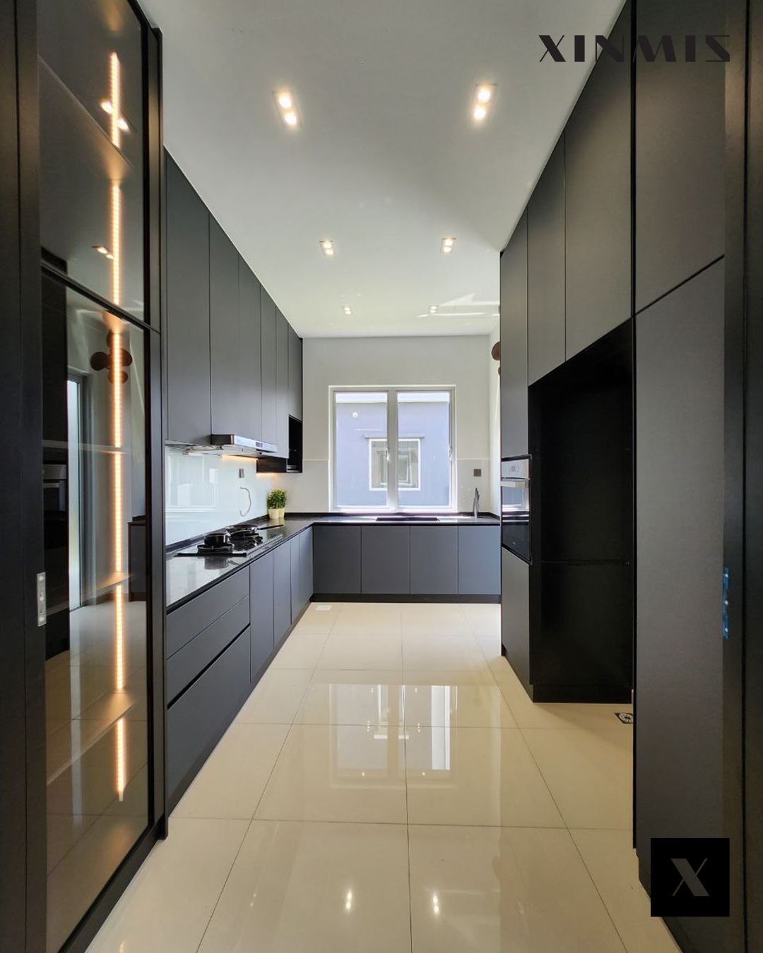 17. Glossy Midnight Blue Shaker Cabinets with Copper Accents
