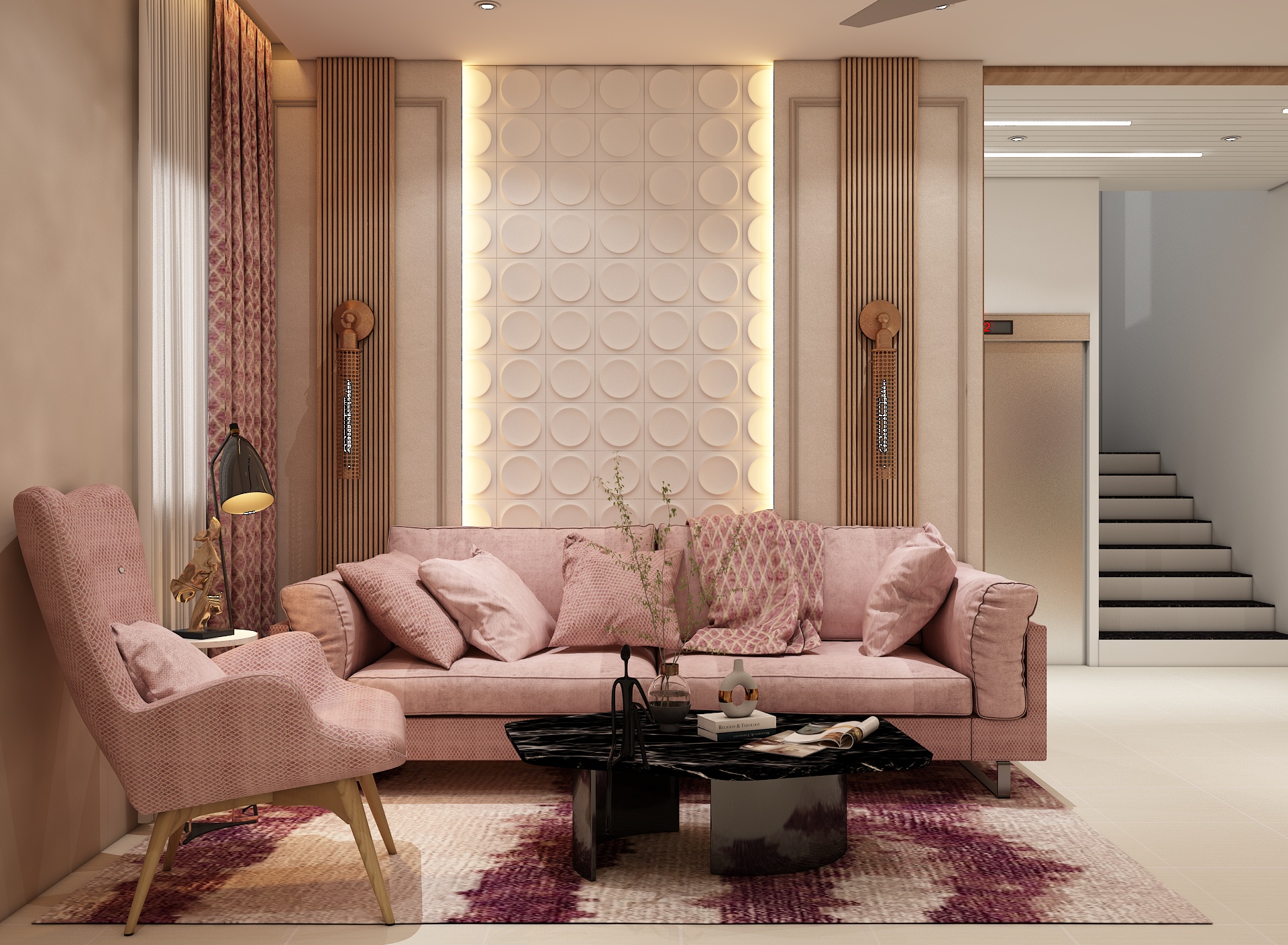 20. Velvet Waves and Geometric Shadows: a Living Room with a Bold Blue Sofa and Angular Lighting