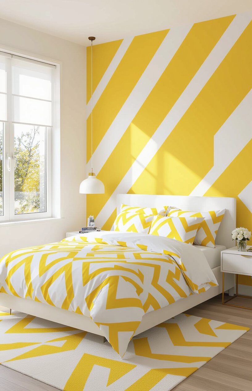 Yellow and White Geometric Bedroom