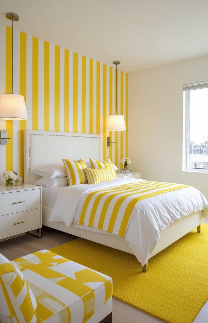 Bold Yellow and White Stripes Bedroom