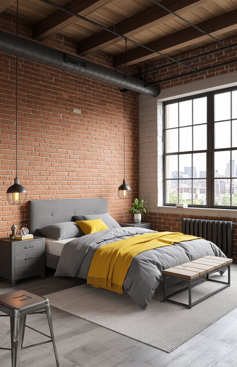 Yellow and Gray Industrial Bedroom