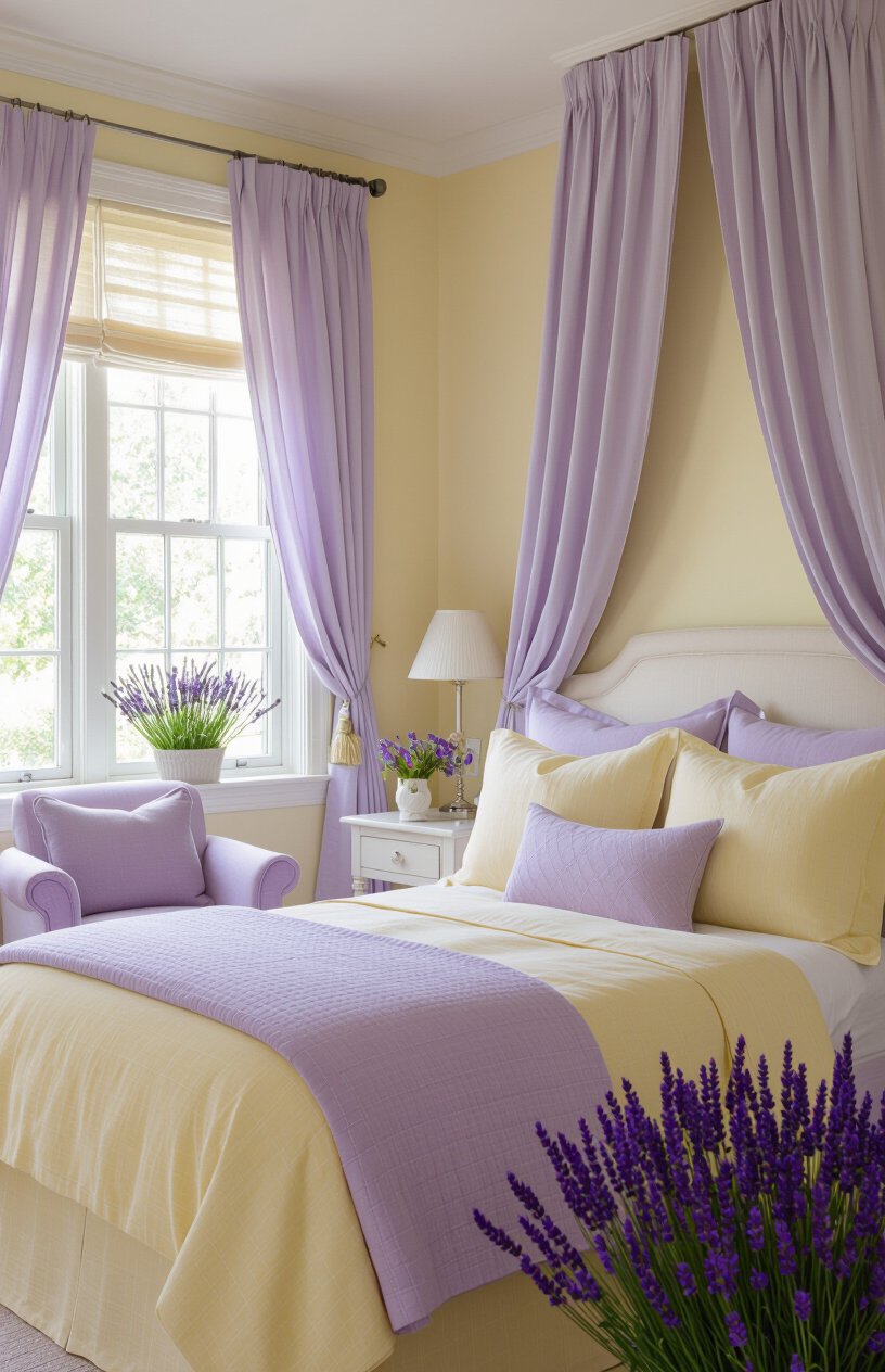 Soft Yellow and Lavender Bedroom