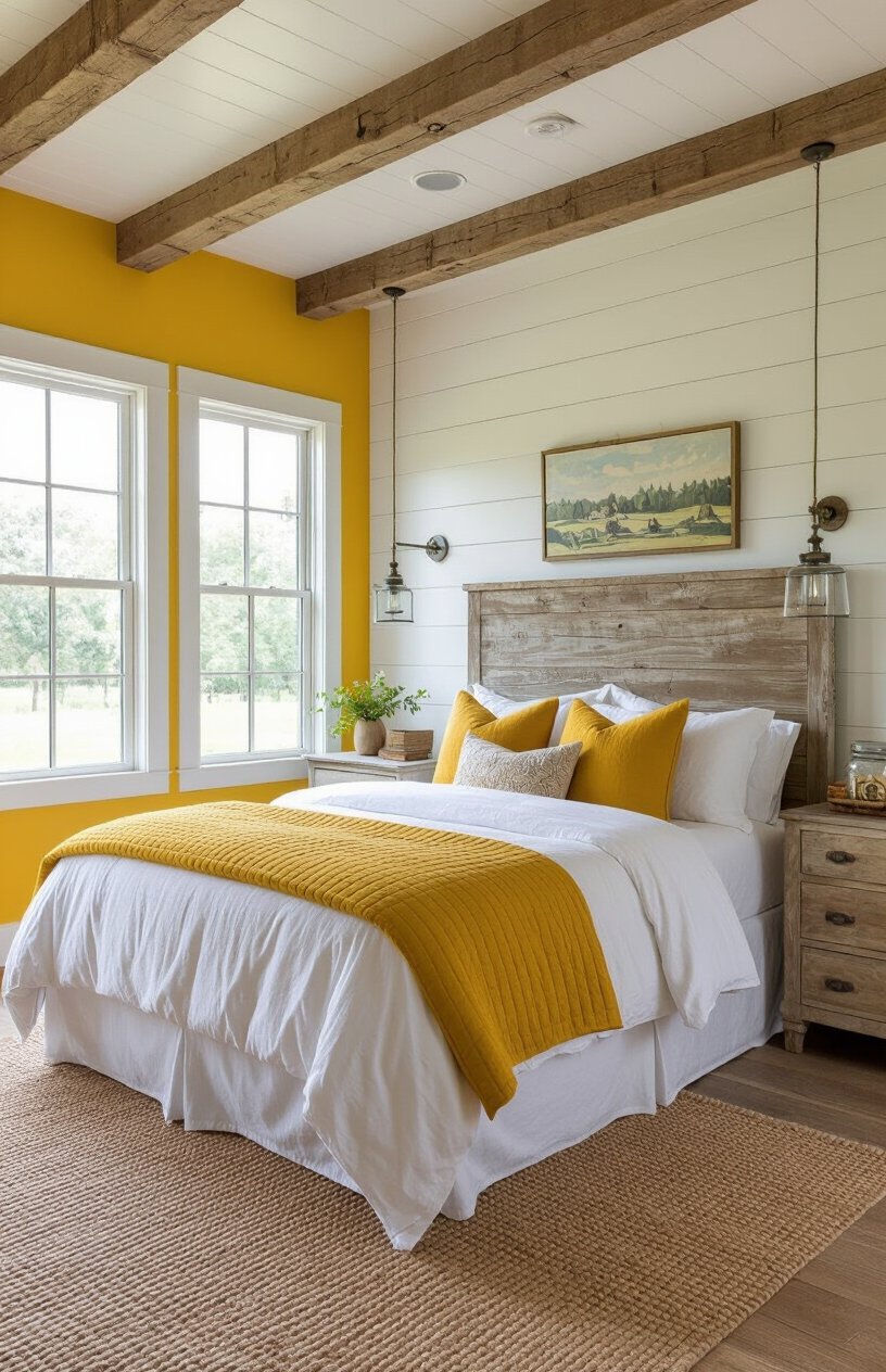 Yellow and White Modern Farmhouse Bedroom