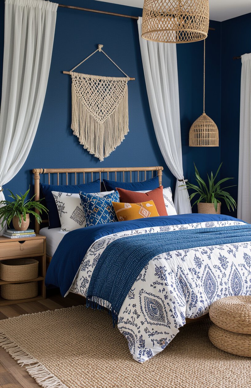 Boho Blue Bedroom with Macramé