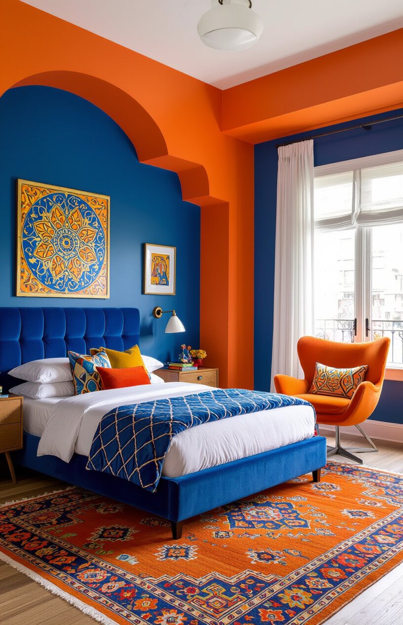 Blue and Orange Eclectic Bedroom