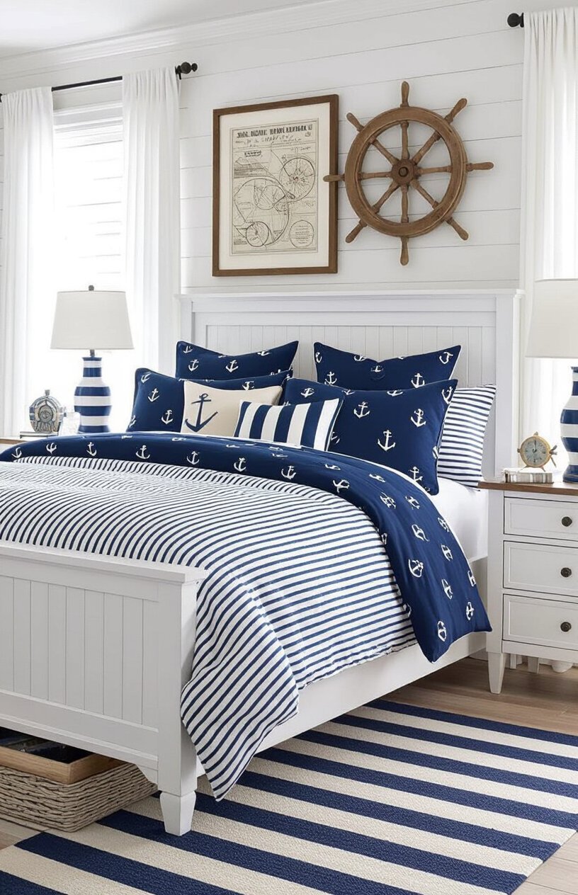 Blue and White Nautical Bedroom