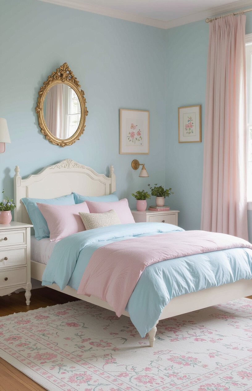 Soft Blue and Pink Pastel Bedroom