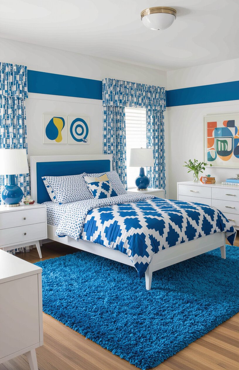 Blue and White Retro 70s Bedroom