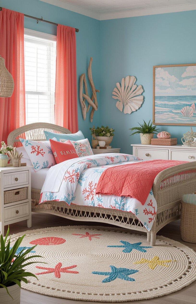 Coastal Blue and Coral Bedroom