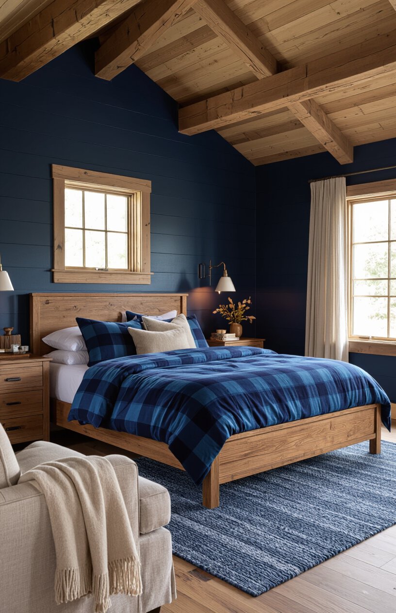 Blue and Wood Rustic Cabin Bedroom
