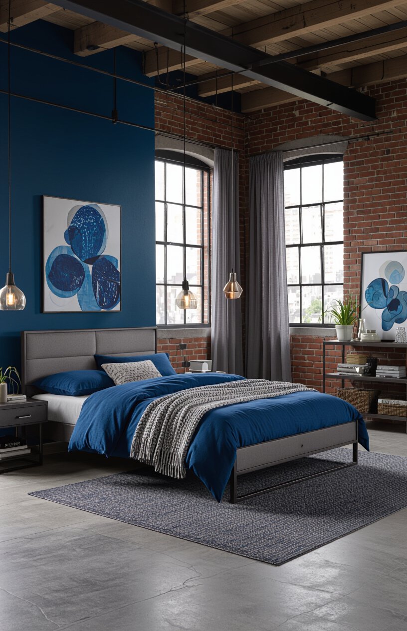 Blue and Gray Industrial Loft Bedroom