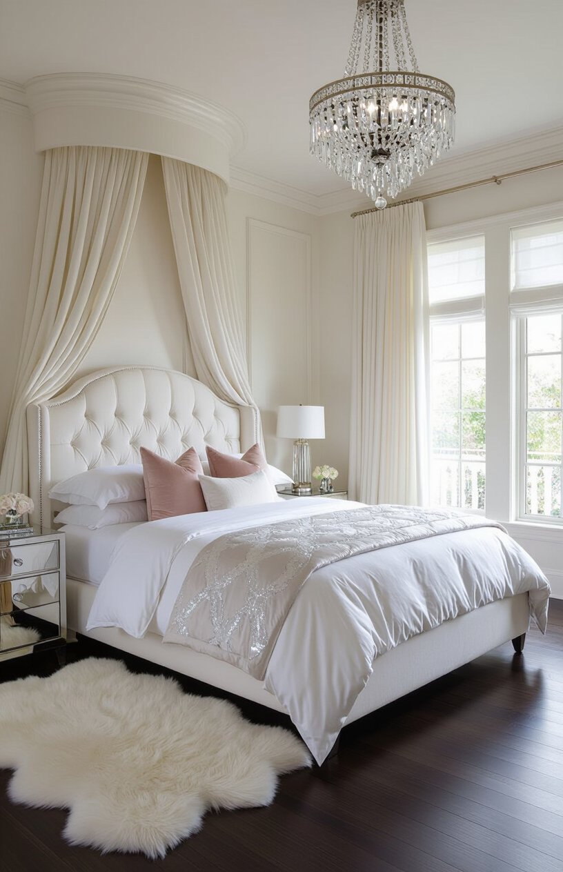 Elegant White Bedroom with Velvet Accents