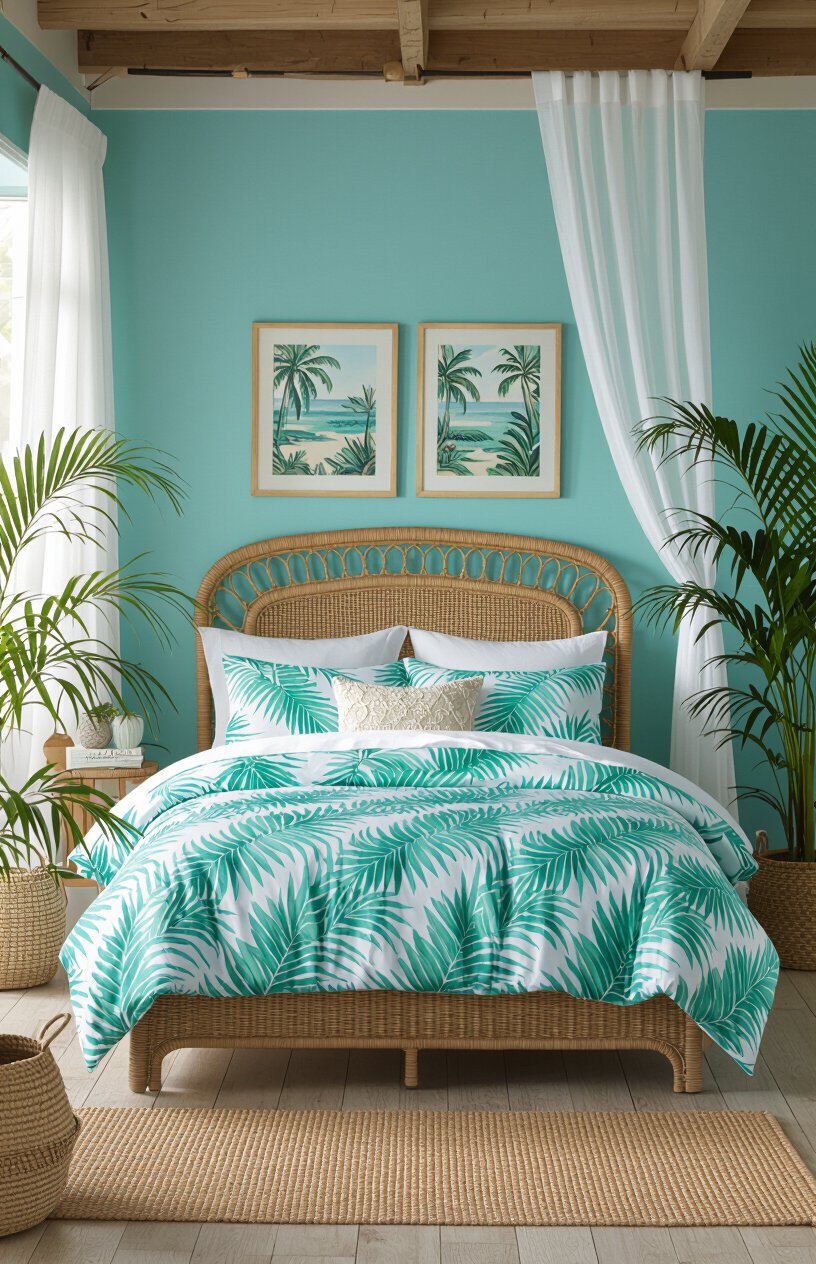 Turquoise and White Tropical Bedroom