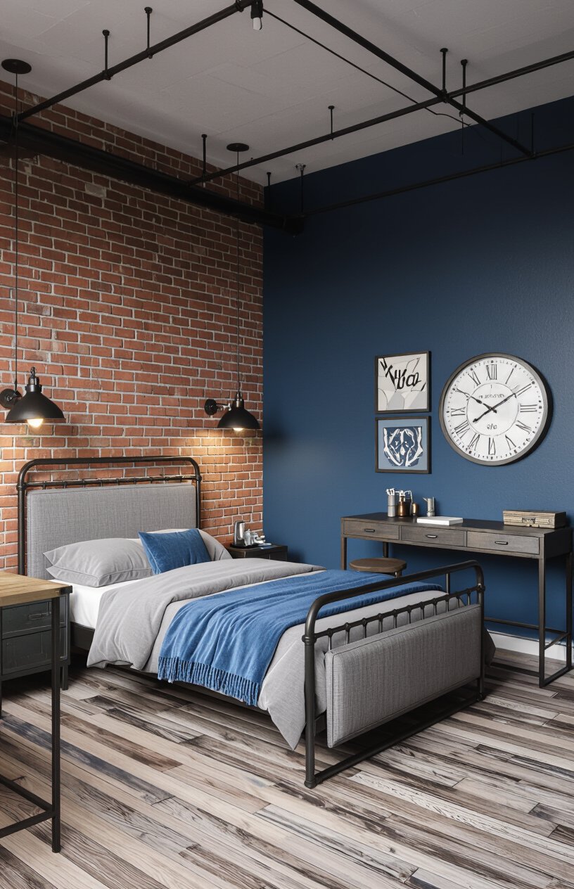 Blue and Gray Industrial Bedroom