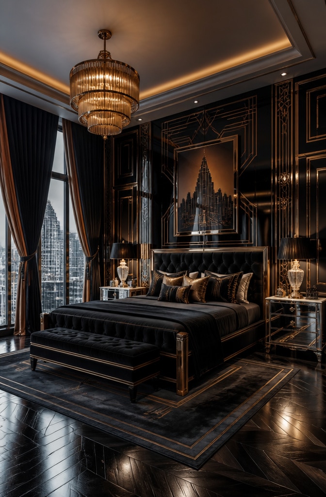 Art Deco Black and Bronze Brown Bedroom