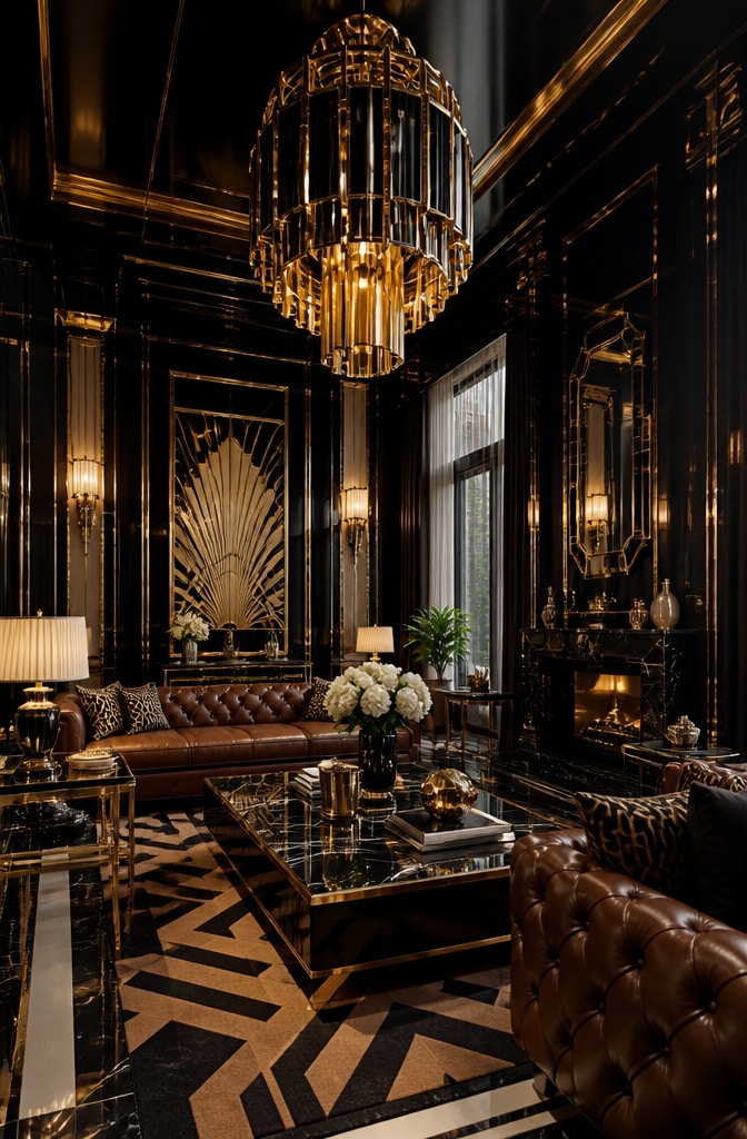 Art Deco Black and Brown Glam Living Room