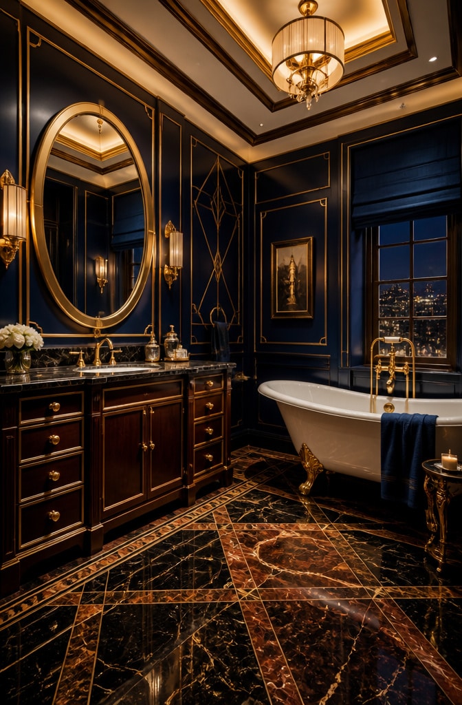 Art Deco Blue and Brown Glam Bathroom