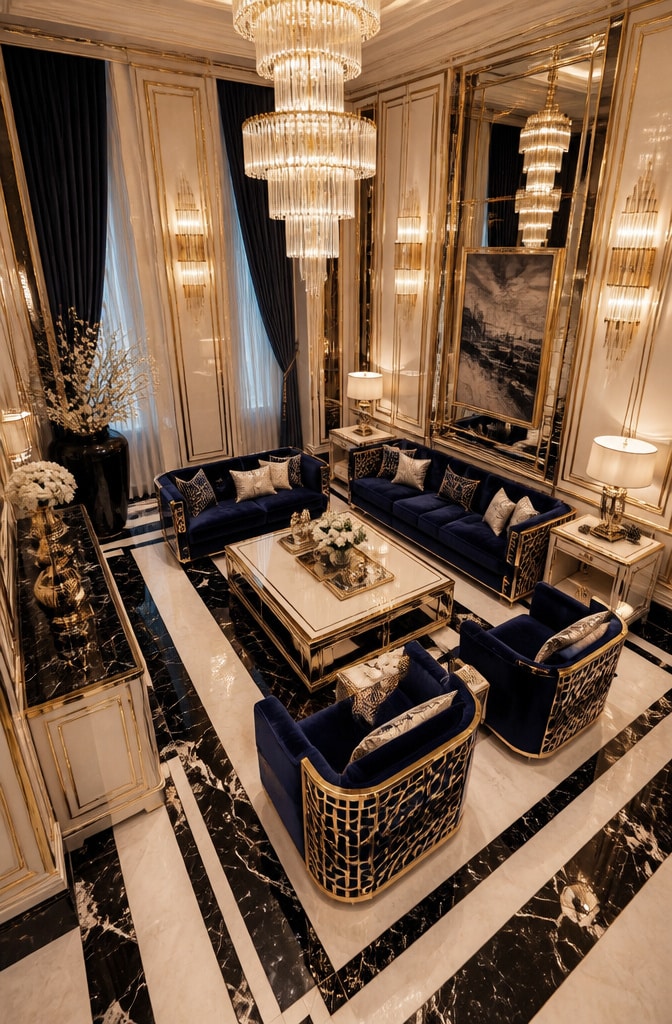 Art Deco Blue and Cream Luxe Living Room