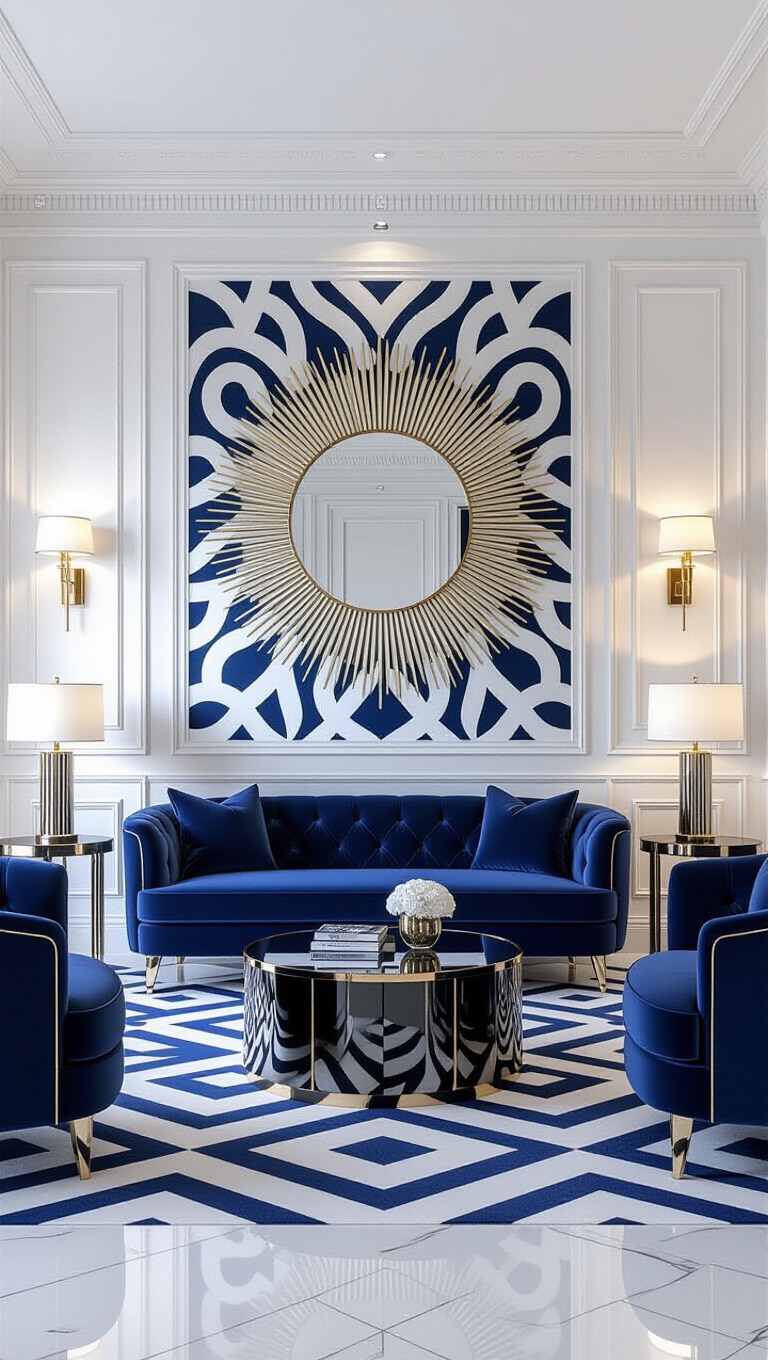 Art Deco Blue and White Living Room
