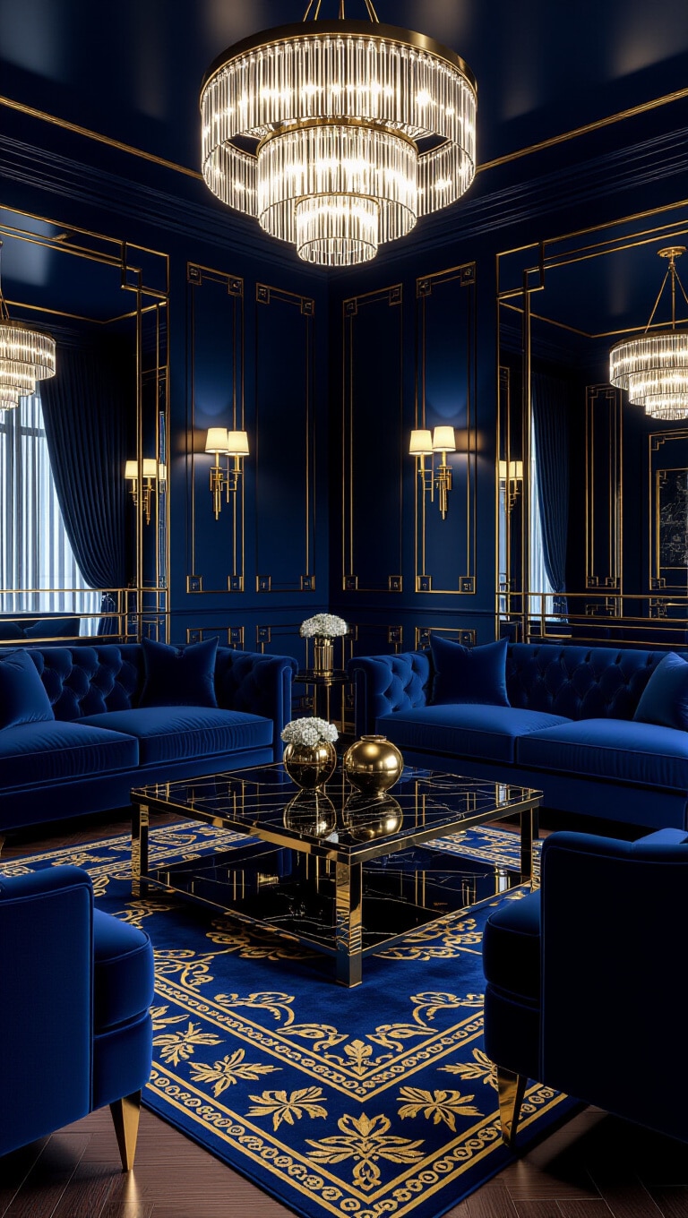 Art Deco Blue Glam Living Room