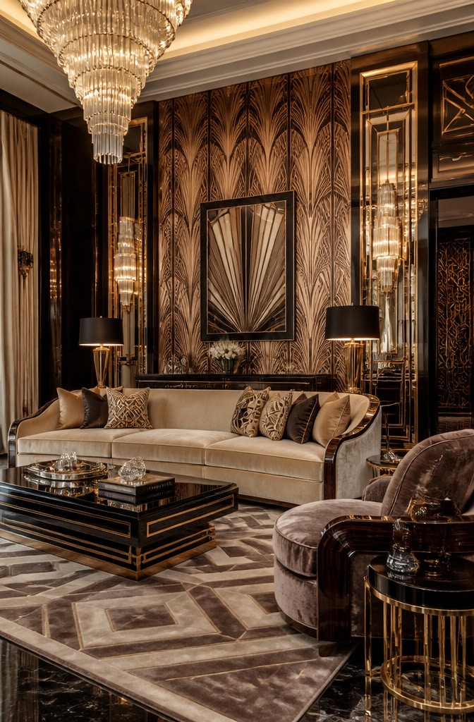 Art Deco Brown and Beige Living Room