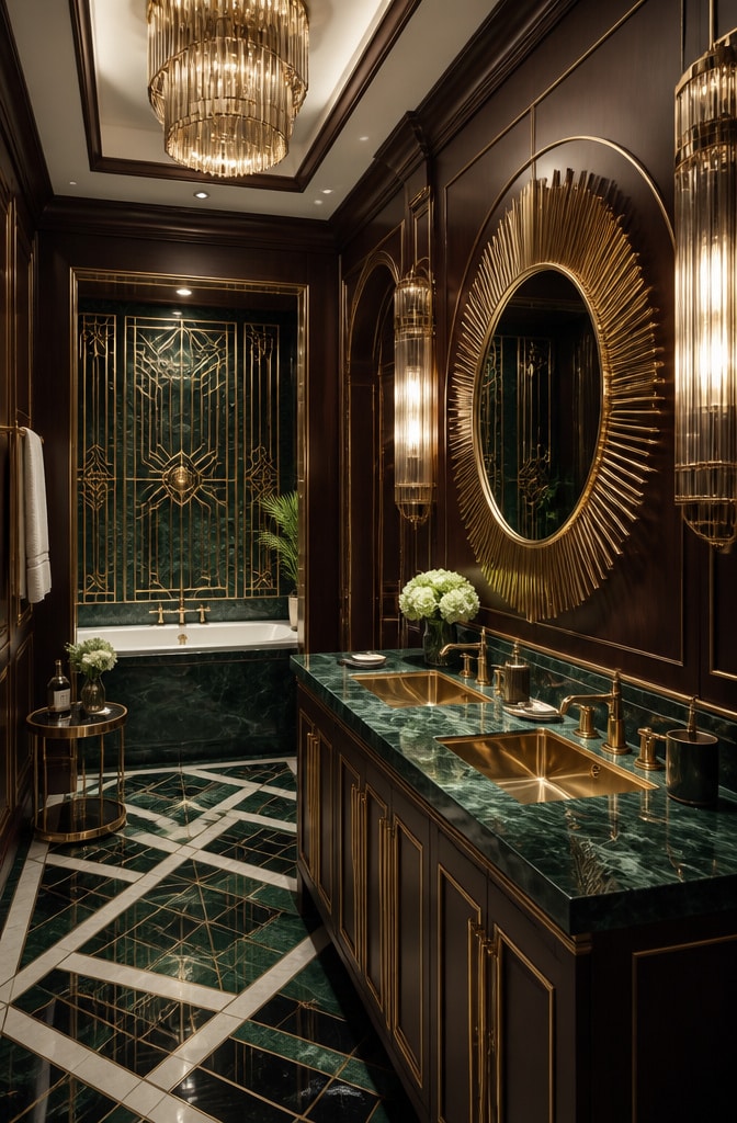 Art Deco Brown and Green Luxe Bathroom