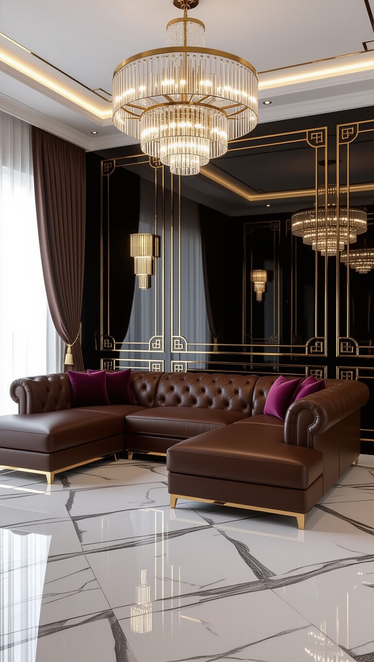 Art Deco Brown Leather Sectional Glamour