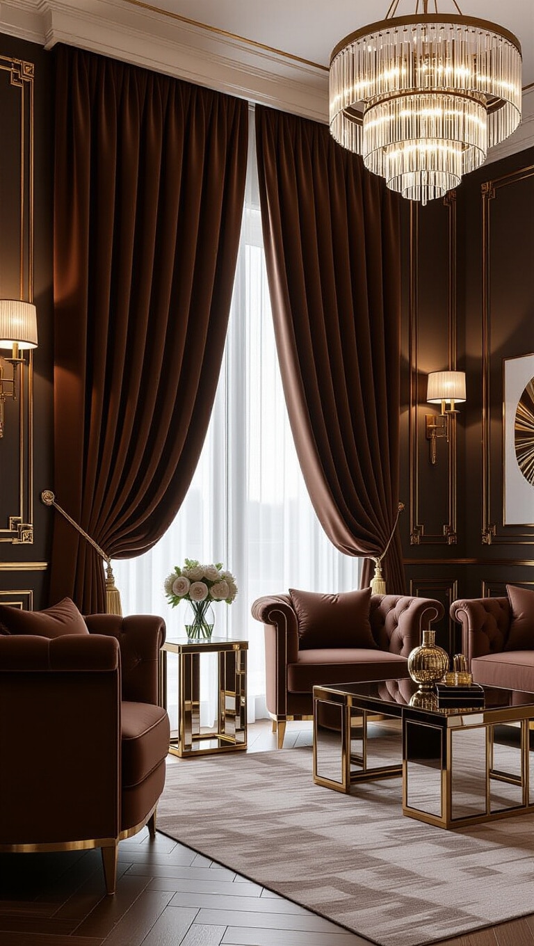 Art Deco Brown Velvet Curtains Living Room