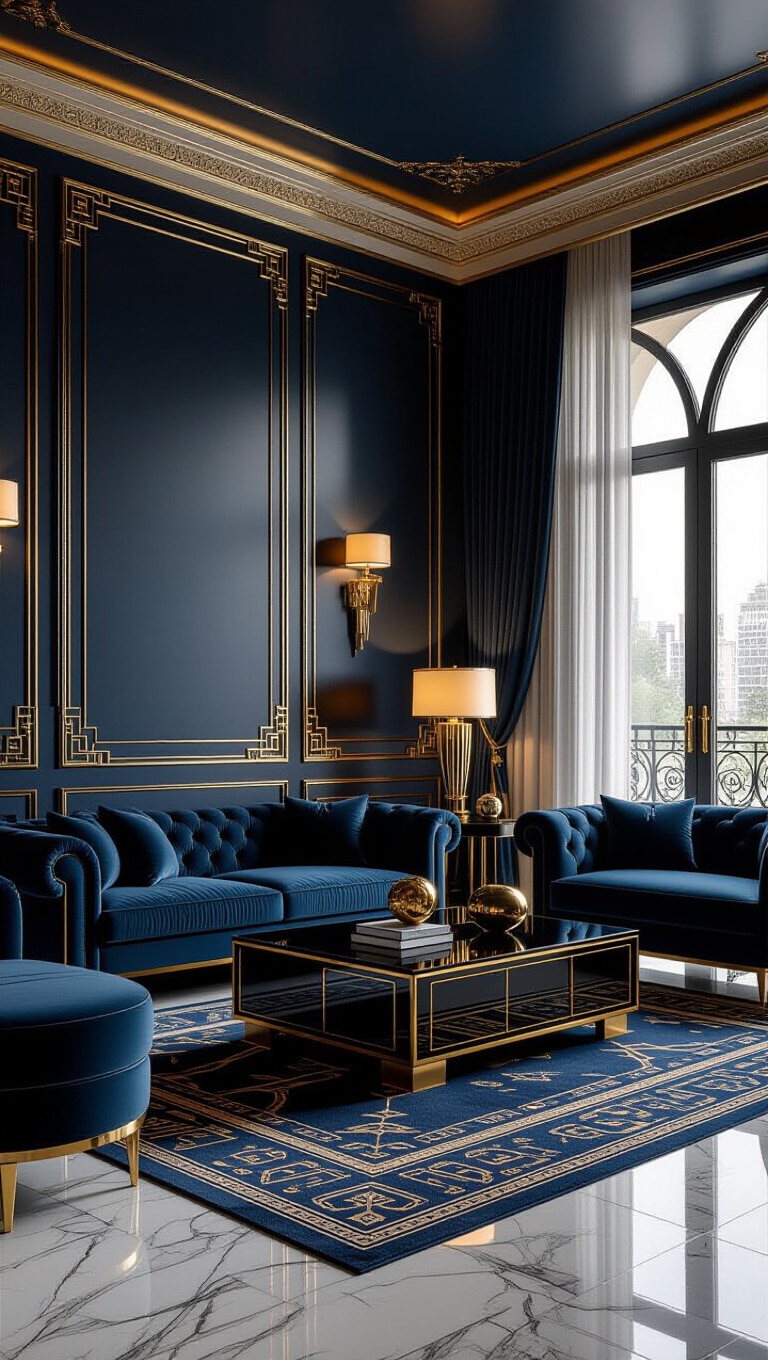 Art Deco Dark Blue Living Room