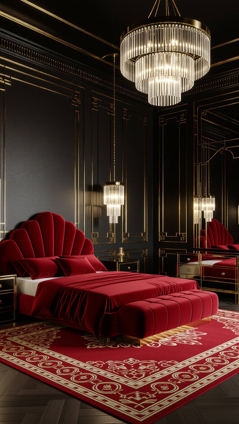 Art Deco Glam Red Rug Bedroom