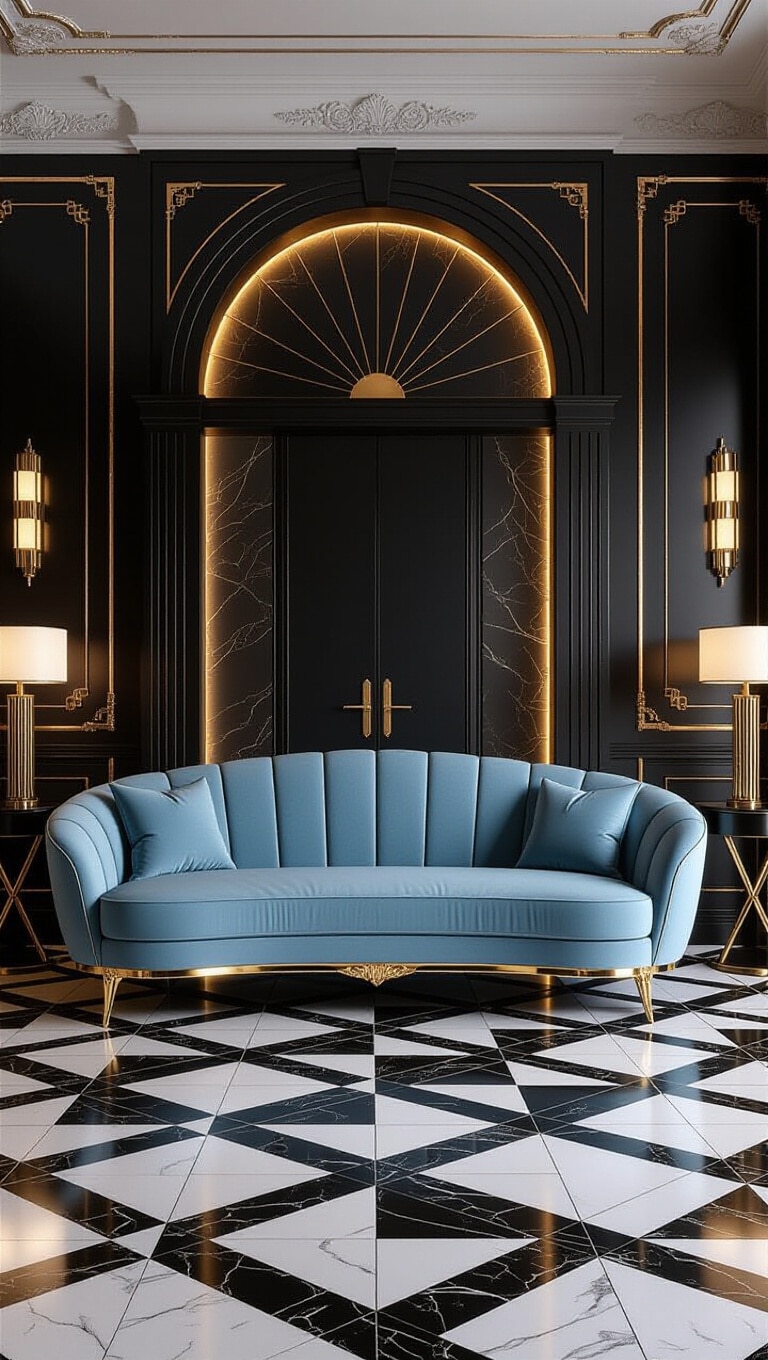 Art Deco Inspired Light Blue Couch Living Room