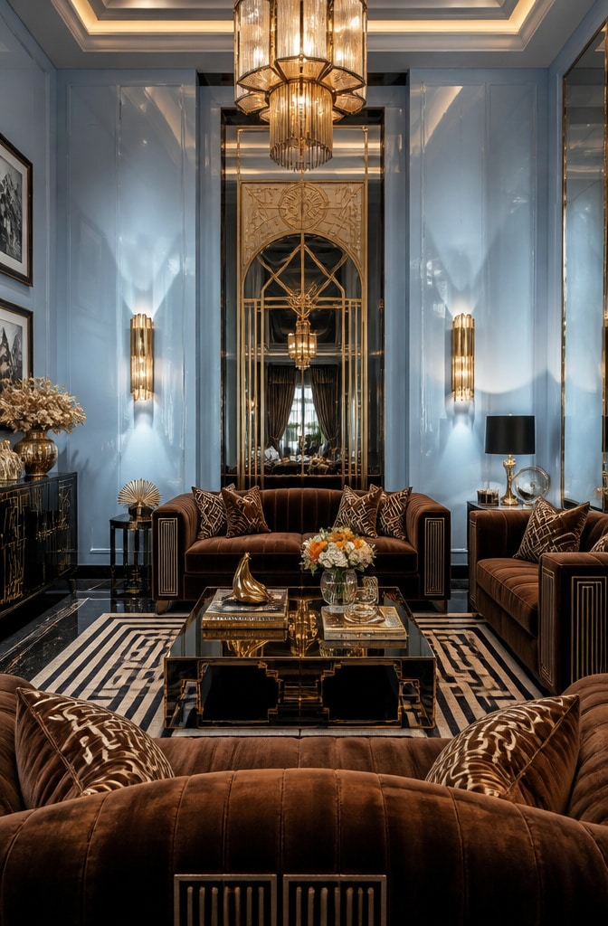 Art Deco Light Blue and Rich Brown Living Room