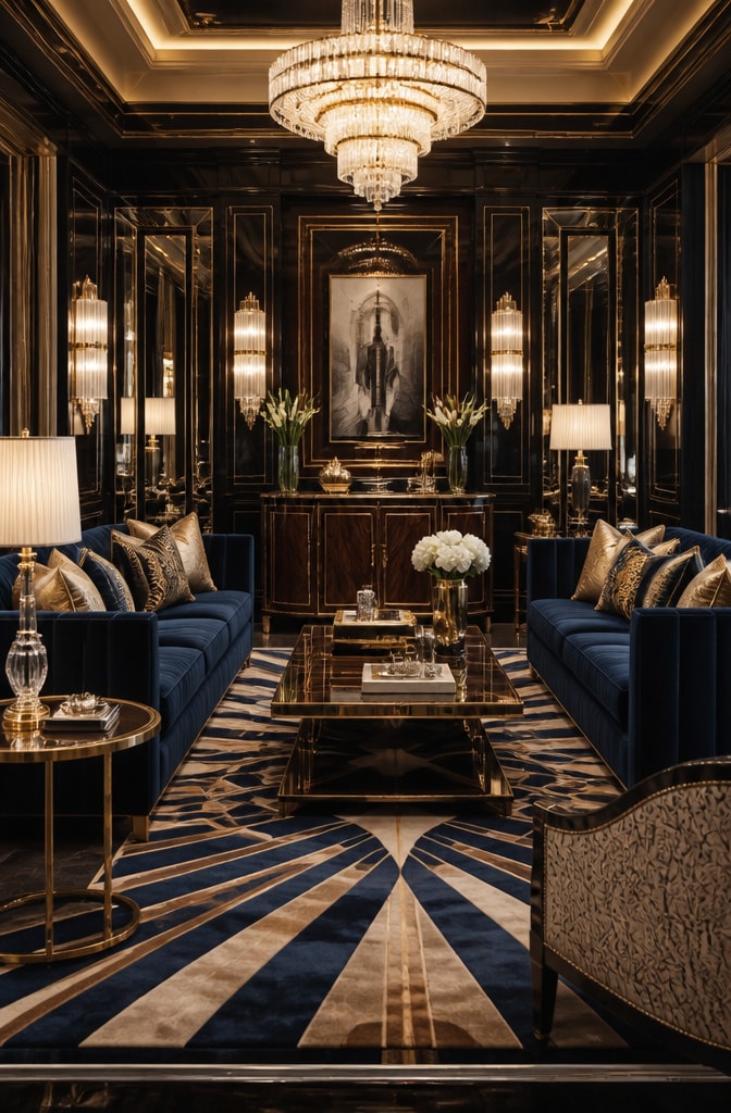 Art Deco Navy Blue and Brown Glam Living Room