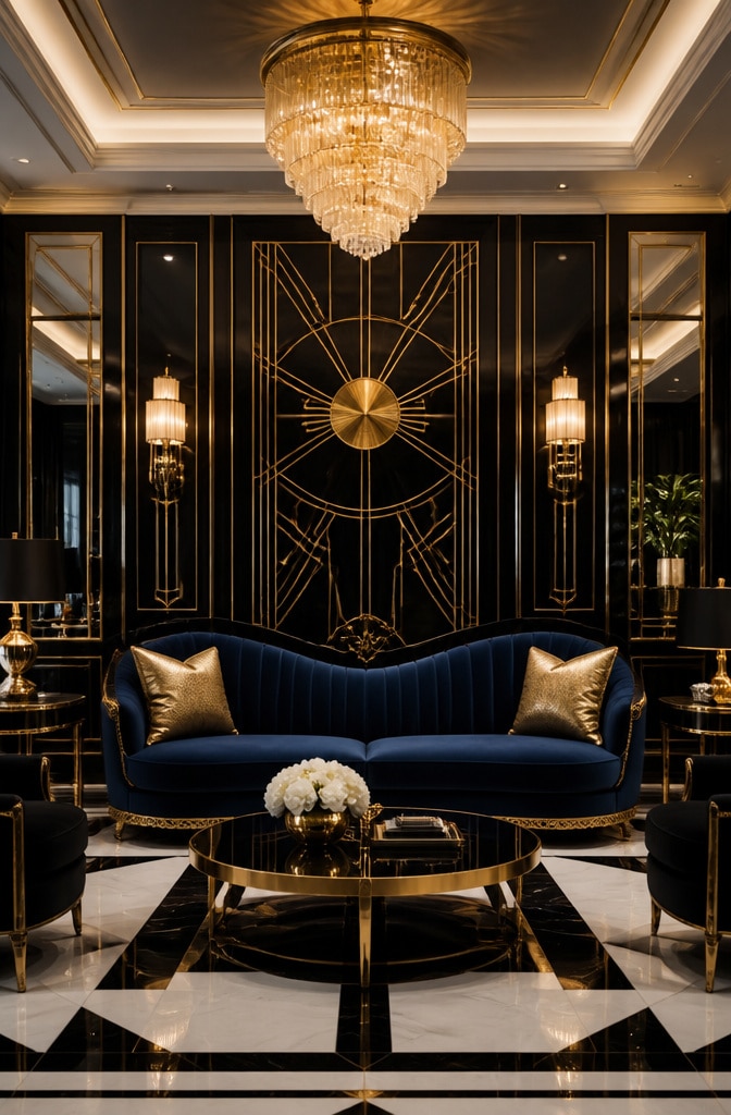 Art Deco Navy Blue Couch Living Room