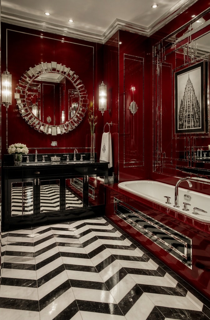 Art Deco Red and Chrome Bathroom